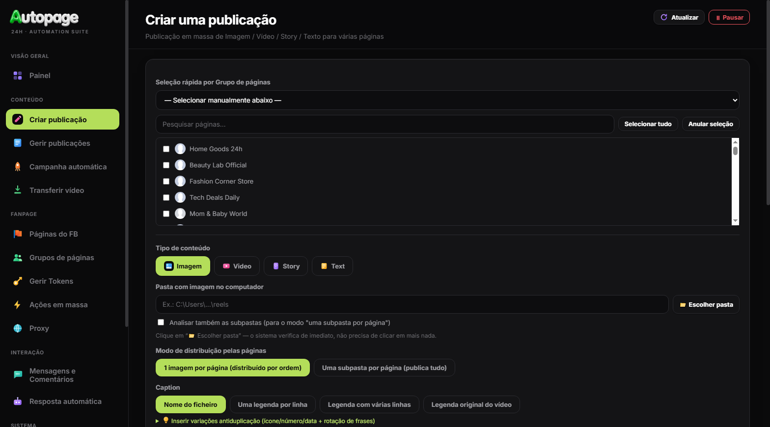 Ecrã de criação de publicações